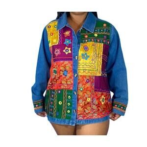 Vintage Venezia Patchwork Denim Jacket Oversized Boho Colorful